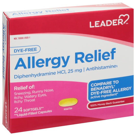 LEADER  ALLERGY RELIEF DYE FREE DIPHENHYDRAMINE 25 MG  24 CT