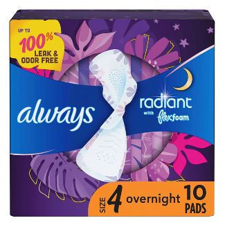 ALWAYS RADIANT OVERNIGHT SIZE 4 10 CT