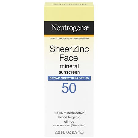 NEUTROGENA SHEER ZINC FACE MINERAL SUNSCREEN 50 2.0 OZ