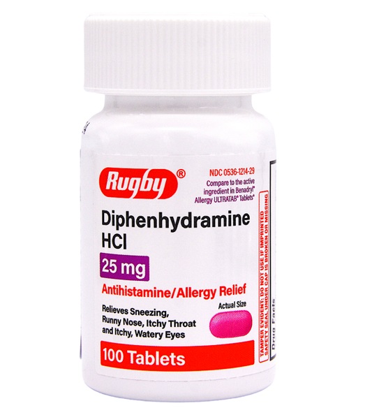 RUGBY DIPHENHYDRAMINE HCI 25 MG 100 TABLETS