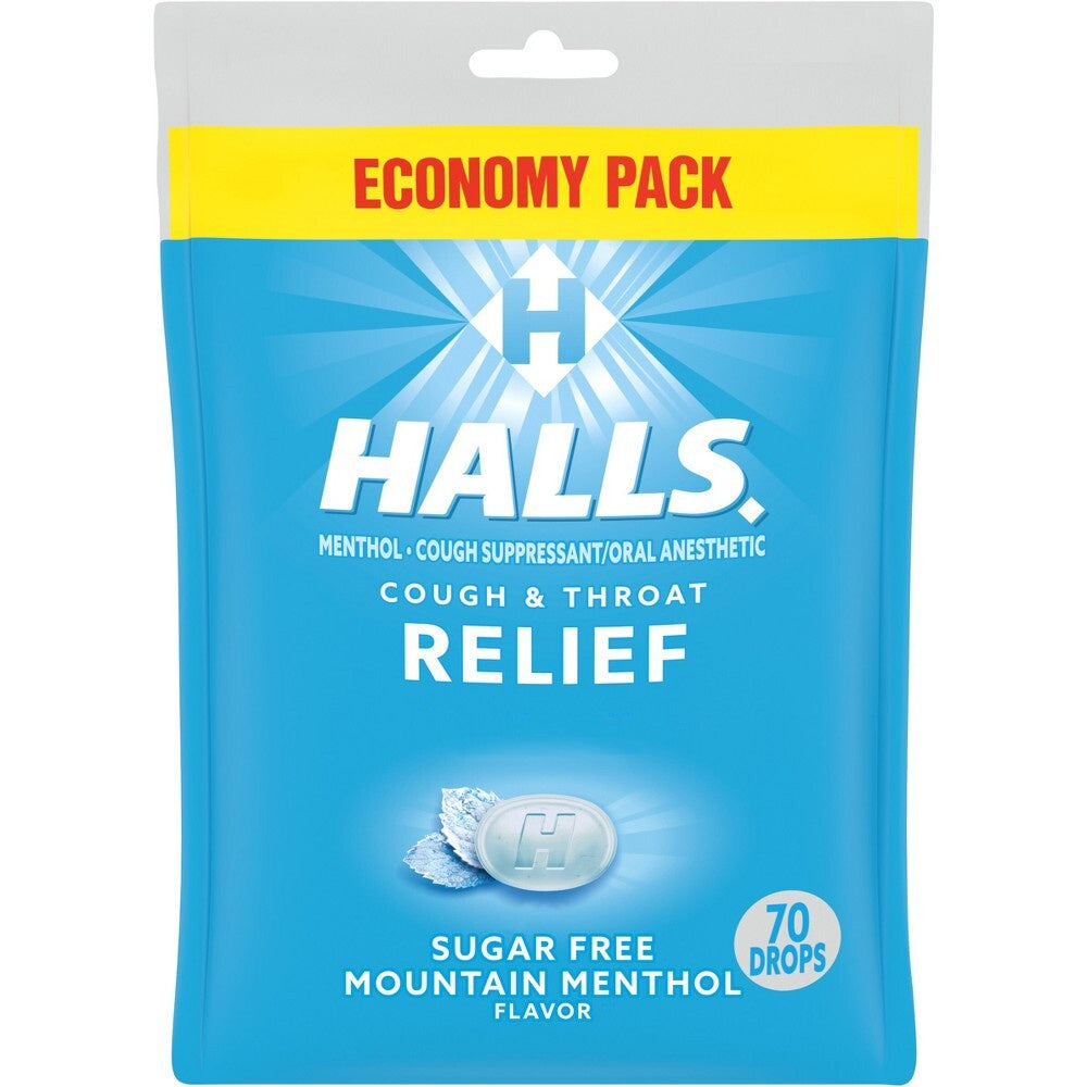 HALLS SUGAR FREE COUGH & THROAT RELIEF 70 DROPS MOUNTAIN MENTHOL FLAVOR