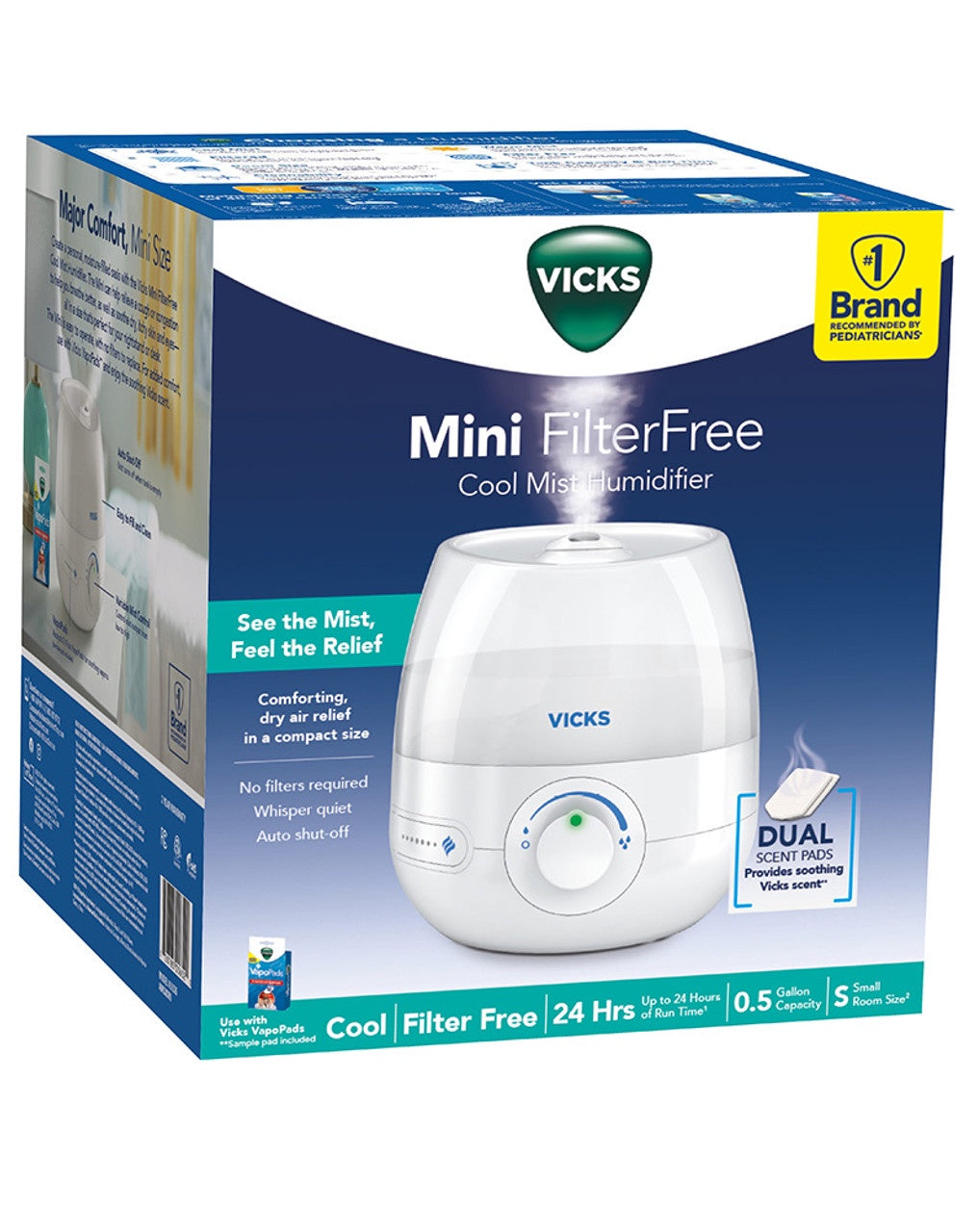 Vicks Mini Humidifier VICK'S MINI FILTER FREE COOL MIST HUMIDIFIER 0.5 GALLON CAPACITY – Big ...