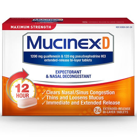 MUCINEX D 12 HOUR EXPECTORANT & NASAL DECONGESTANT 24 TABLETS