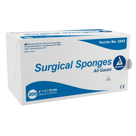 SURGICAL SPONGES ALL GAUZE 200 CT 4" X 4" 12 PLY