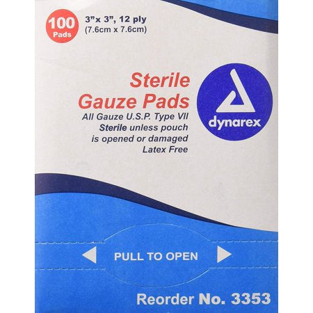 STERILE GAUZE PADS 3X3, 12PLY 100 CT - BOX - DYNAREX