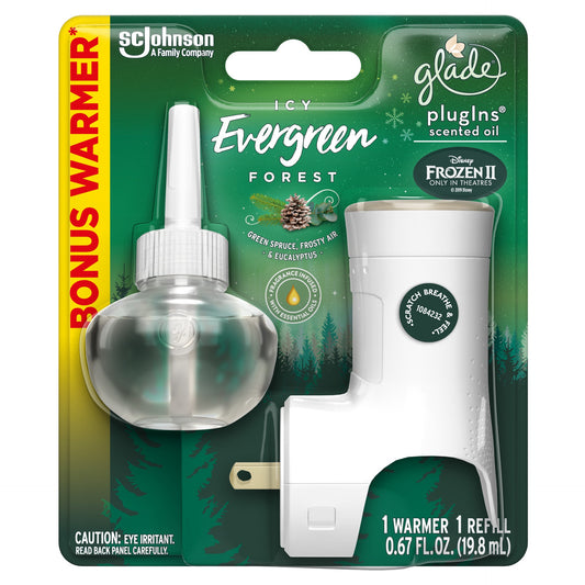 Glade PlugIns Warmer and Refill Starter Kit 1 CT, Icy Evergreen Forest, 0.64 FL. OZ., Scented Oil Air Freshener