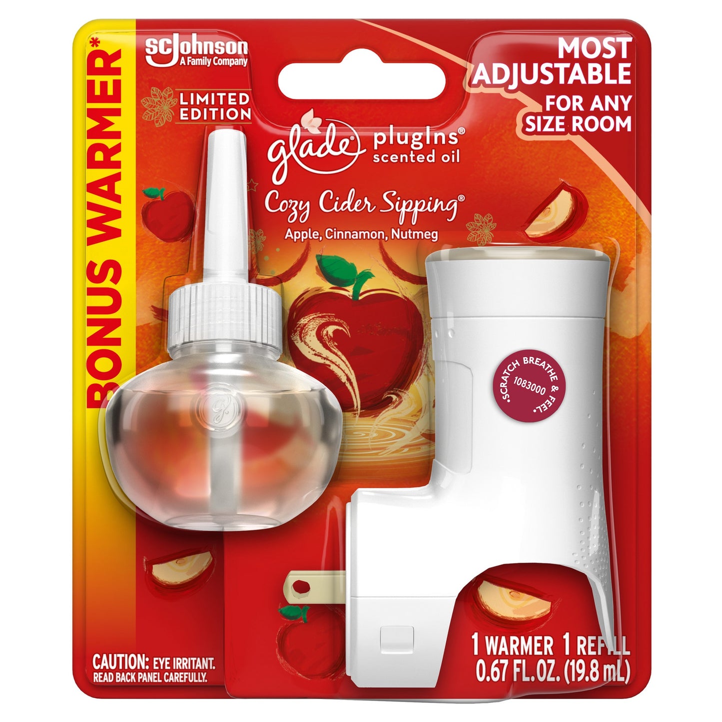 Glade PlugIns Scented Oil Warmer and Cozy Cider Sipping Refill Starter Kit, Holds Essential Oil Infused Wall Plug In Refill, Up to 50 Days of Continuous Fragrance, 0.67 FL OZ, With 1.34 oz Refill